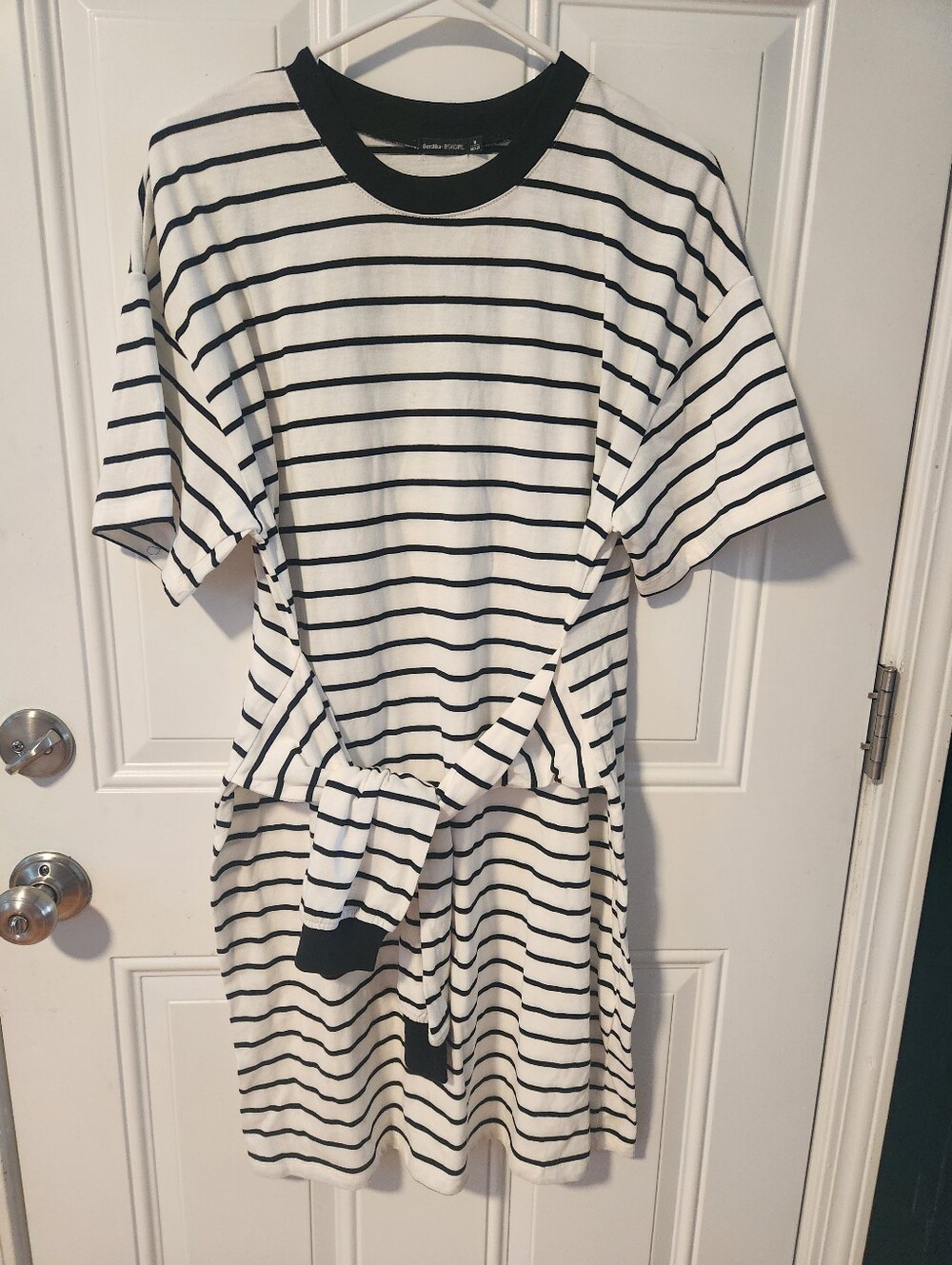 Bershka Striped Black & White Tie-Waist T-Shirt Dress Size M